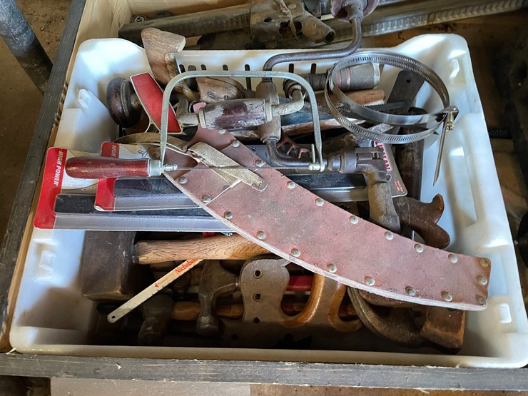 #1867-•-hand-saws,-hammers,-drill-braces-and-wooden-rolling-storage-drawer-image-9
