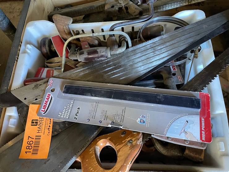 #1867-•-hand-saws,-hammers,-drill-braces-and-wooden-rolling-storage-drawer-image-4