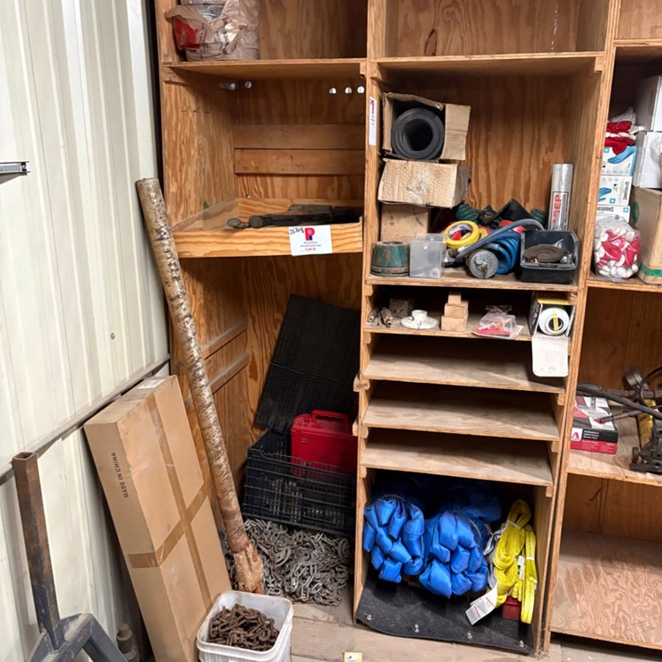 2 shelves of assorted truck parts, tire chains, hand tools, etc