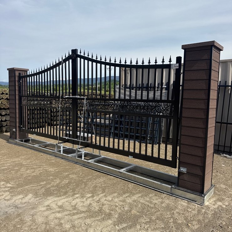 #607 • Gorgeous double swinging entrance gate with columns, openers and hardware covers 16 foot entrance