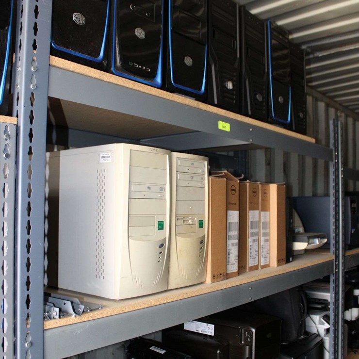 FOUR SHELVES OF DESKTOP COMPUTERS, DELL LAPTOPS, PRINTERS