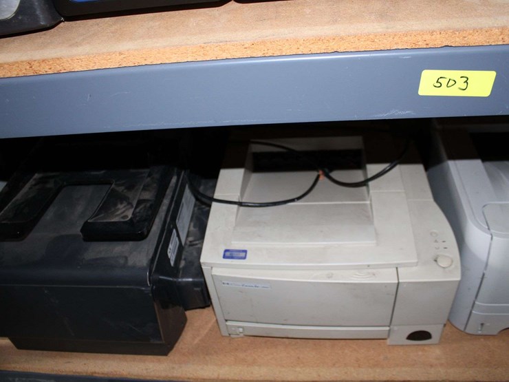 three-shelves-of-desktop-computers,-printers,-&-flat-screen-monitors-image-8