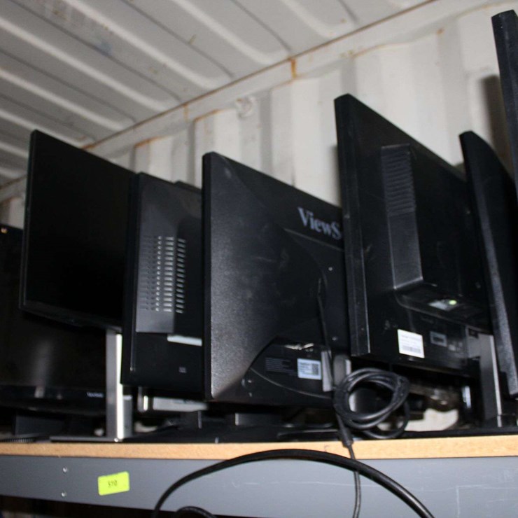 TWO SHELVES (TOP/ BOTTOM SHELF) OF FLAT SCREEN MONITORS & LAPTOPS, DESKTOP COMPUTERS, FAX MACHINE &