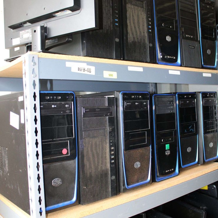 FOUR SHELVES OF DESKTOP COMPUTERS & FLATSCREEN MONITORS (COOLER MASTER COMPUTERS)