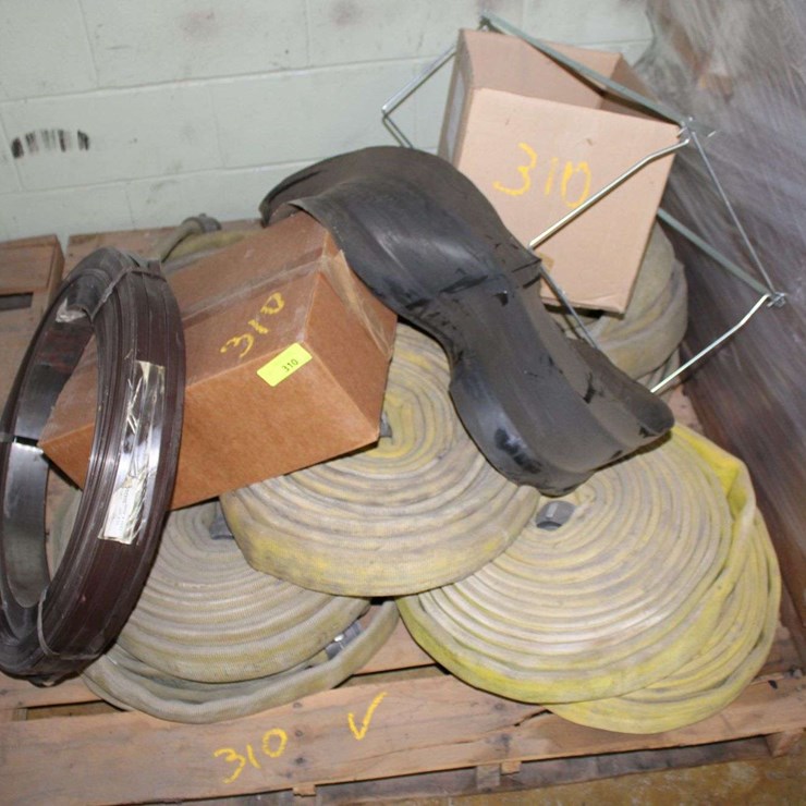PALLET OF FIREHOSES AND A ROLL OF STRAPPING, AND MORE METAL