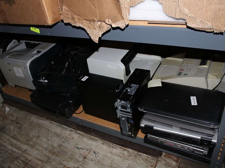 two-shelves-(top/-bottom-shelf)-of-flat-screen-monitors-&-laptops,-desktop-computers,-fax-machine-&-image-2