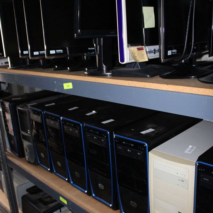 THREE SHELVES OF DESKTOP COMPUTERS, PRINTERS, & FLAT SCREEN MONITORS