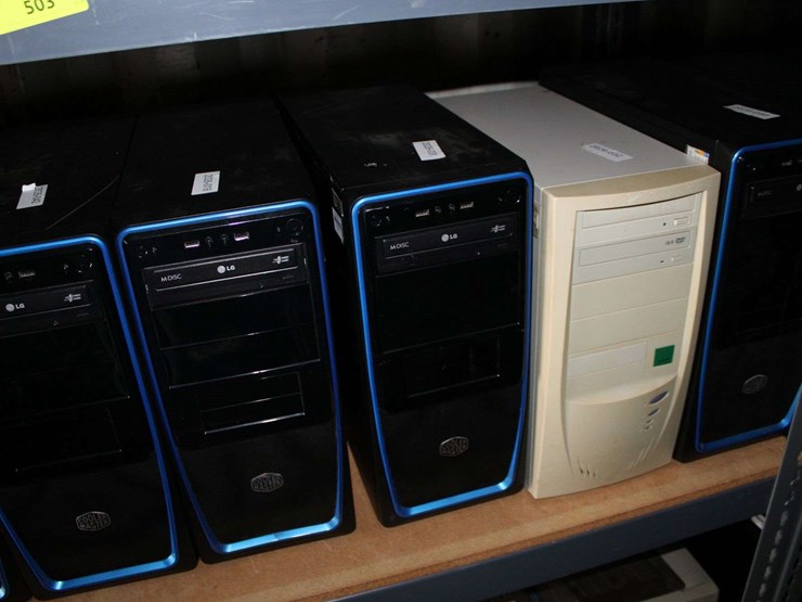 three-shelves-of-desktop-computers,-printers,-&-flat-screen-monitors-image-6