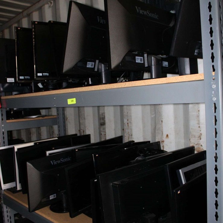 THREE SHELVES OF FLAT SCREEN MONITORS & ONE LG FLAT SCREEN TV