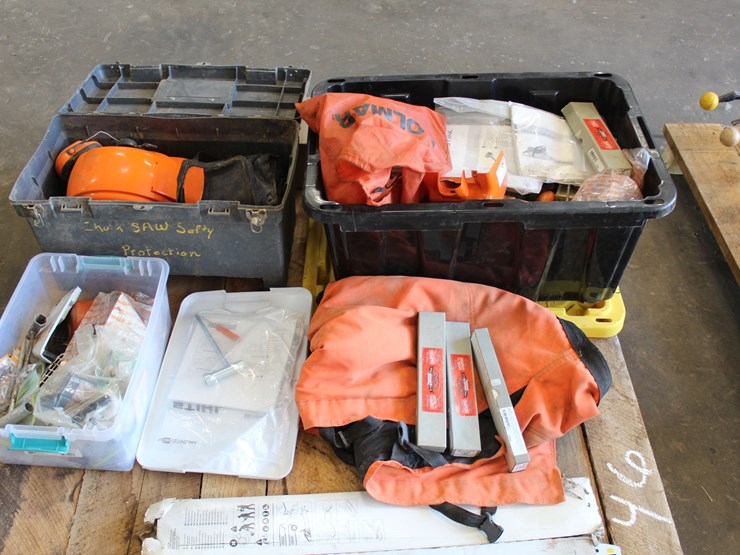 lot-of-chain-saw-parts:-new-chain-saw-bars,-chain-saw-files,-safety-chaps-&-helments-image-2