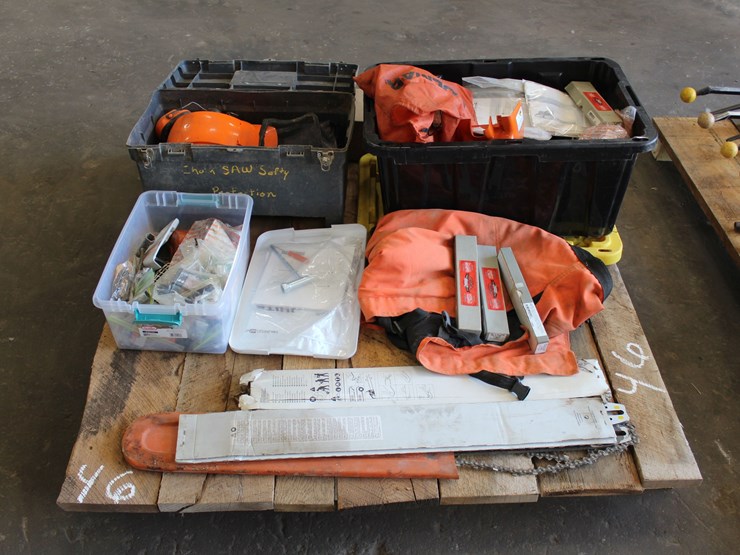 lot-of-chain-saw-parts:-new-chain-saw-bars,-chain-saw-files,-safety-chaps-&-helments-image-1