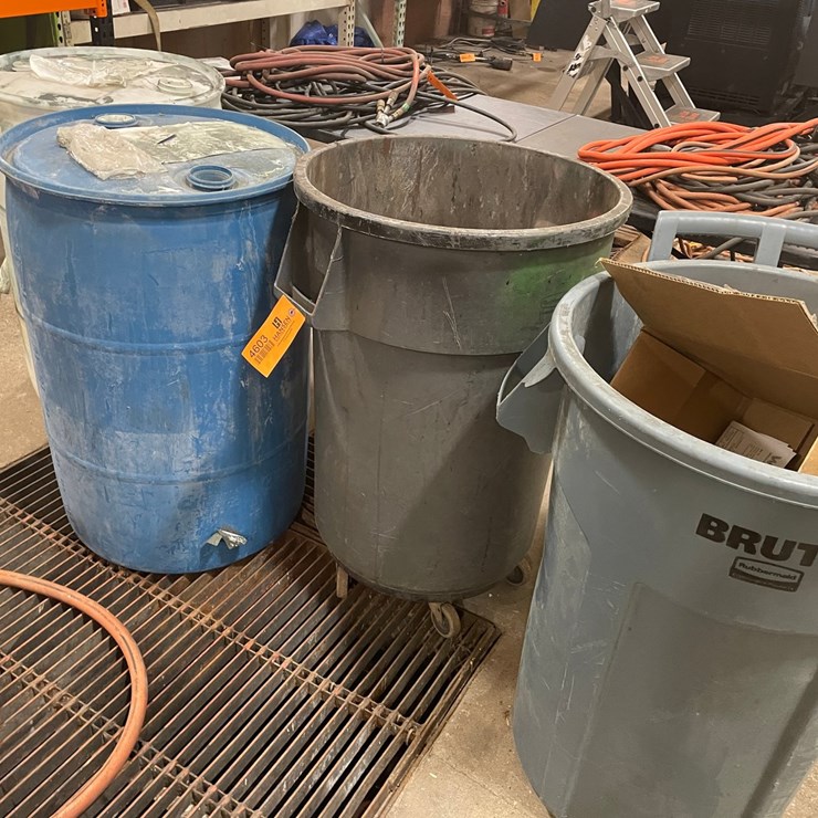 #4603 • Rolling Garbage Can with (2) Poly Barrels