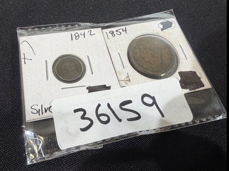 #36159-•-1842-half-dime-silver,-and-1854-one-large-cent,-braided-hair-image-2