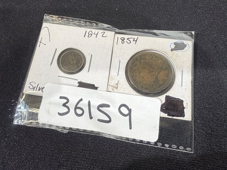 #36159-•-1842-half-dime-silver,-and-1854-one-large-cent,-braided-hair-image-1