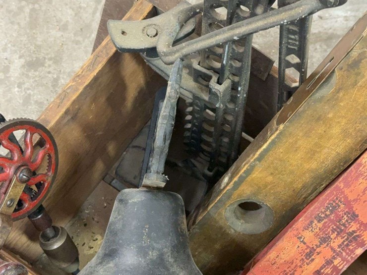 primitive-farm-tools-&-wrench-lot-w/-acme-seeder,-allis-chalmers,-bell-&-hand-tools-image-11