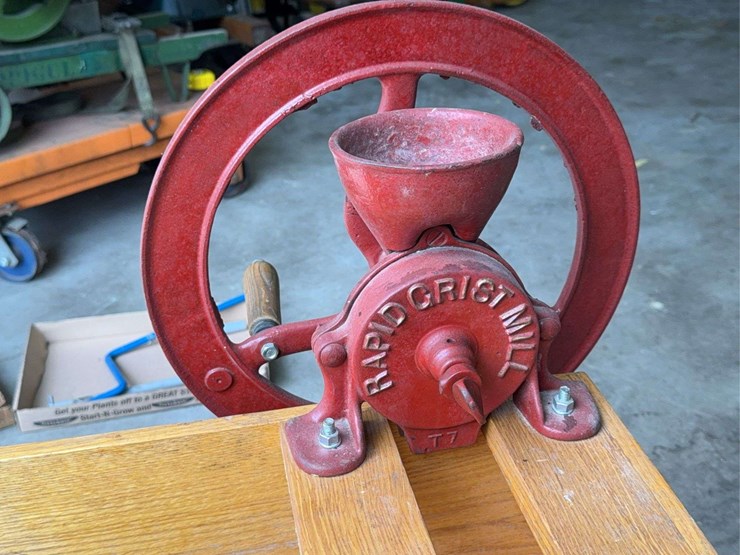 heath-mfg.-co.-'never-fail'-grinder-&-rapid-grist-mill-on-cart-image-9