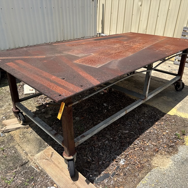 STEEL WORK TABLE ON WHEELS 5' X 10' X 3/4"