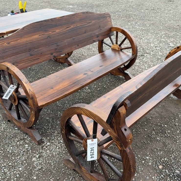 #6058 • 54" WOODEN WAGON WHEEL BENCH