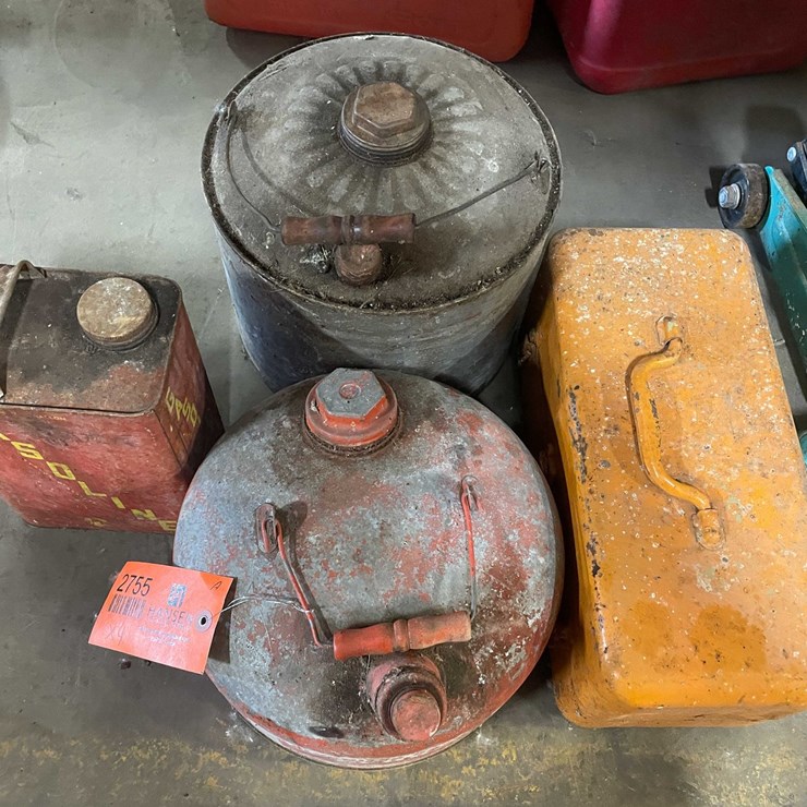 #2755 • (3) Vintage Gas Cans and Toolbox (PR11)