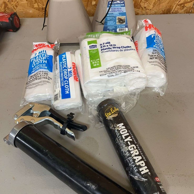 (8) .7Mil 9' x 12' Plastic Drop Cloths Grease Guns, Caps