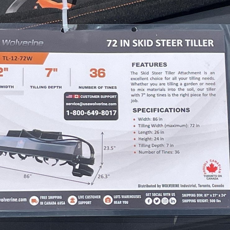 #2754 • Unused 2026 Wolverine Skid Steer Hydraulic Rotary Tiller Attachment