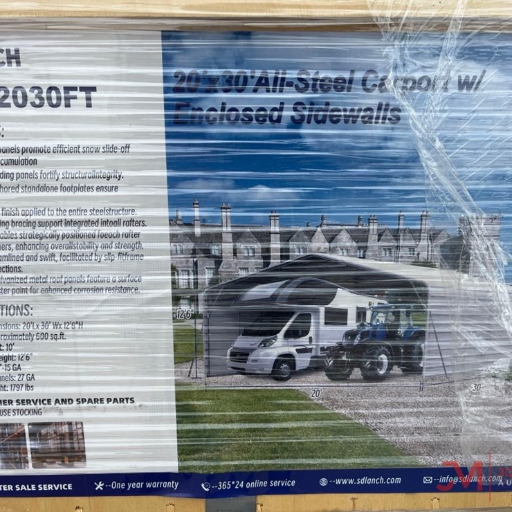 UNUSED SDLANCH 20' X 30' ALL STEEL CARPORT WITH SIDES