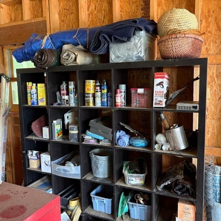 Shelf & Contents. Tarps, Baskets, etc