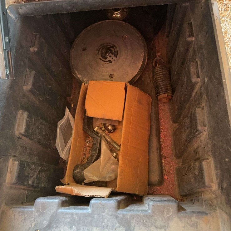 Assortment of Planter Parts, talc, closing wheels, springs, bearings, new chains, and disc blades