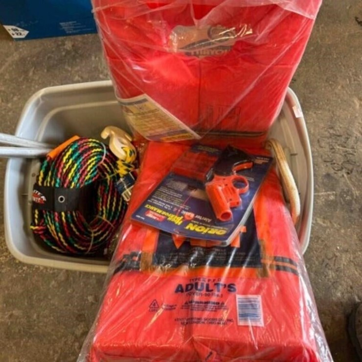 BOAT SUPPLIES, LIFE JACKET, ROPE, FLARE PISTOL