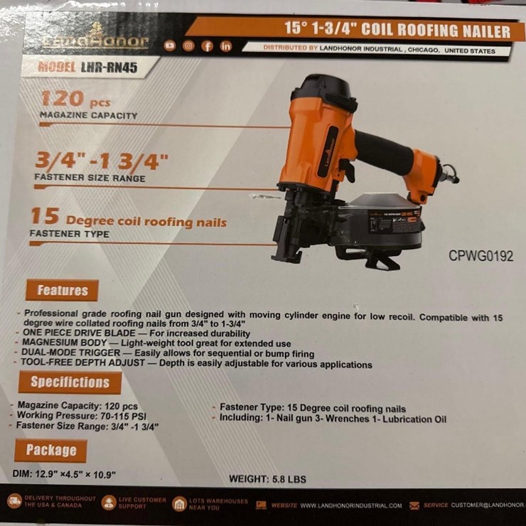 New LandHonor Co Air Coil Roofing Nailer Model LHR-RN45