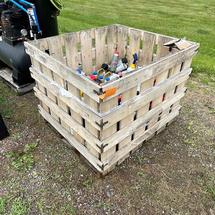 #4921 • Wooden Tote with Assorted Automotive Fluids