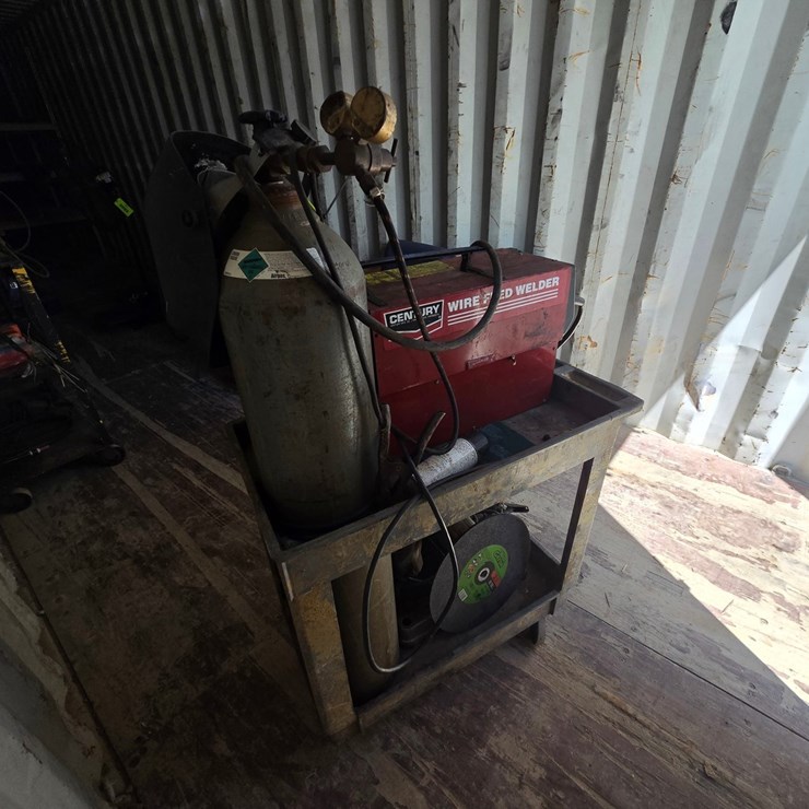 #5995 • Century 130 MIG Welder W/Tank, Cart, Makita Saw, And Blades