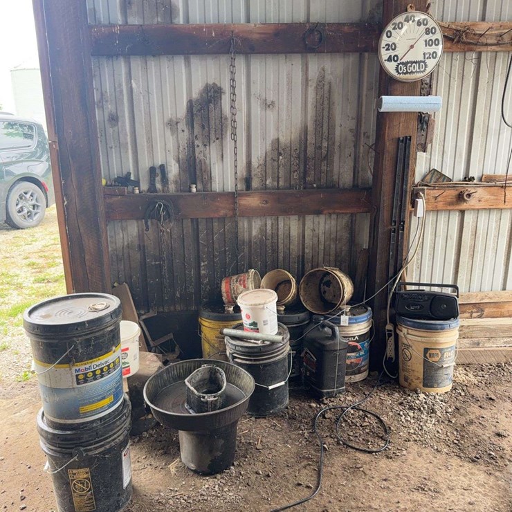 Collection of Assorted Lubricant Buckets and O's Gold Thermometer