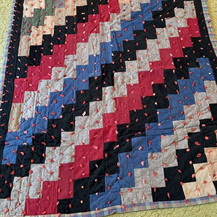 Hand-Tied Patchwork Quilt with Multi-Colored Fabric Blocks