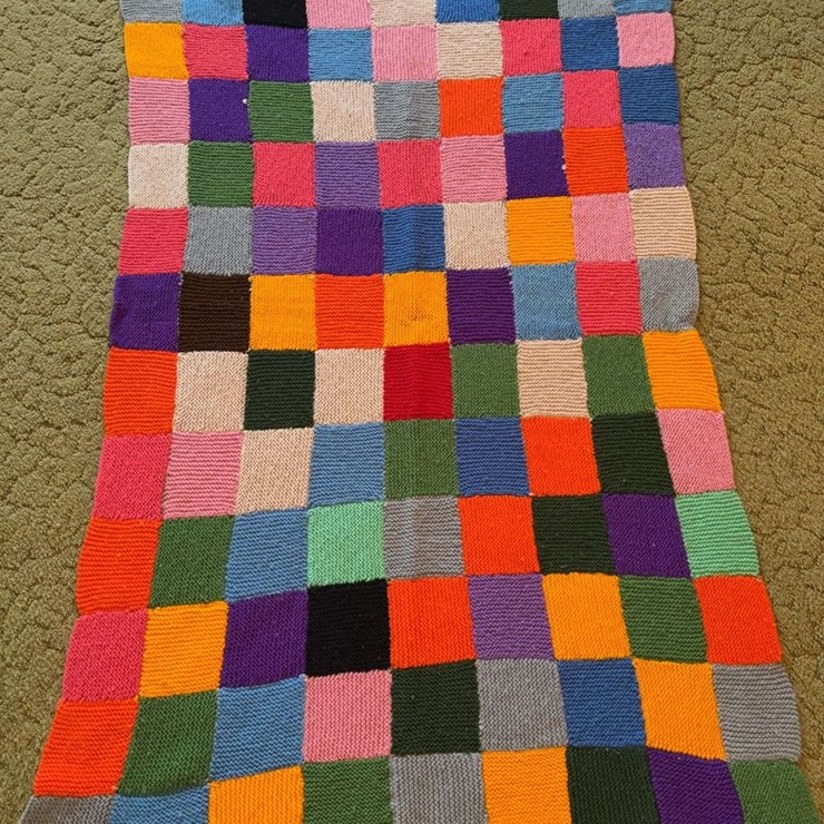 Hand-Knitted Multi-Colored Patchwork Blanket