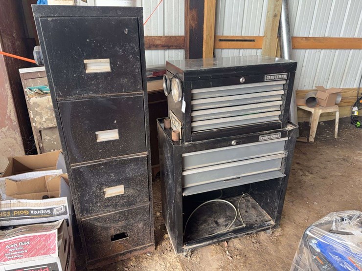 craftsman-rolling-tool-chest-with-assorted-hand-tools-and-metal-filing-cabinet-image-1