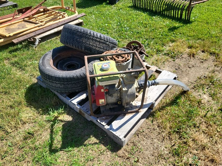 (2)-buckets-of-horse-shoes,-(2)-235/60r15-tires,-(1)-honda-wb20t-gas-motor-w/transfer-pump-image-2