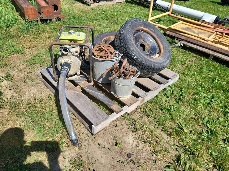 (2)-buckets-of-horse-shoes,-(2)-235/60r15-tires,-(1)-honda-wb20t-gas-motor-w/transfer-pump-image-1