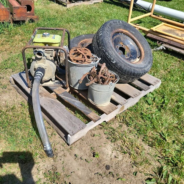 (2) Buckets of Horse Shoes, (2) 235/60R15 Tires, (1) Honda WB20T Gas Motor w/Transfer Pump