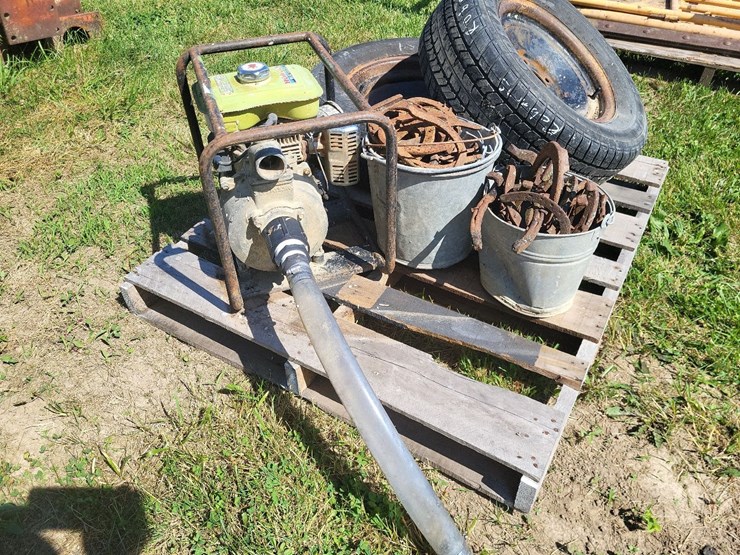 (2)-buckets-of-horse-shoes,-(2)-235/60r15-tires,-(1)-honda-wb20t-gas-motor-w/transfer-pump-image-7