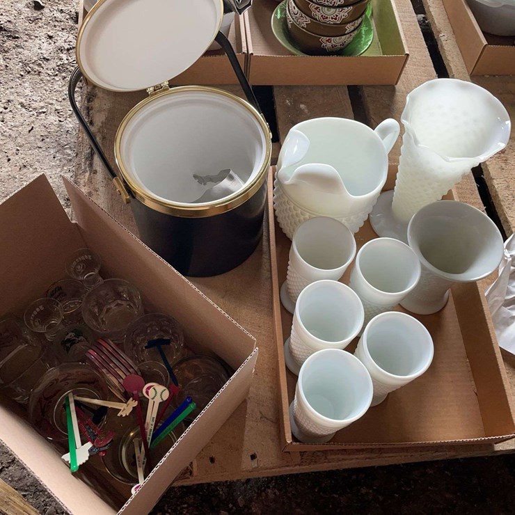 Barware Collection Including Ice Bucket, Milk Glass, and Assorted Drink Stirrers