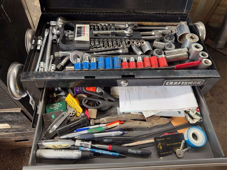 craftsman-rolling-tool-chest-with-assorted-hand-tools-and-metal-filing-cabinet-image-4
