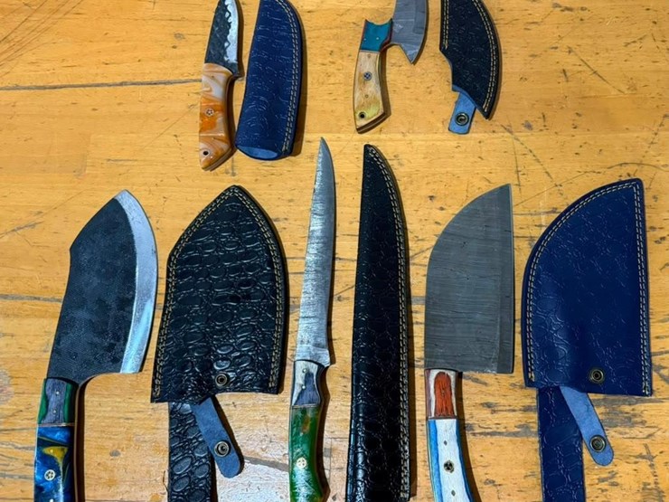 qty-(5)-handmade-cleaver,-chef,-fillet-&-skinner-knives-w/-leather-sheaths-assorted-fixed-blade-se-image-1