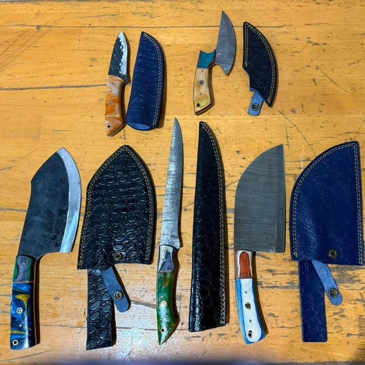 QTY (5) Handmade Cleaver, Chef, Fillet & Skinner Knives w/ Leather Sheaths Assorted Fixed Blade Se