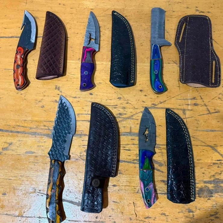 QTY (5) Handmade Hunting & Utility Knives w/ Leather Sheaths Assorted Fixed Blade Set