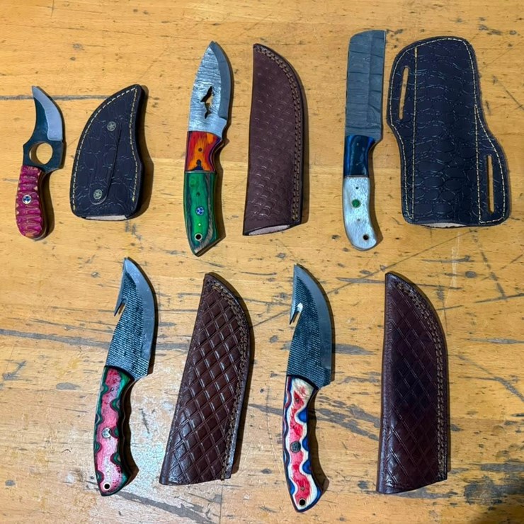 QTY (5) Handmade Hunting, Cleaver, Skinner & Gut Hook Knives w/ Leather Sheaths Assorted Fixed Bla