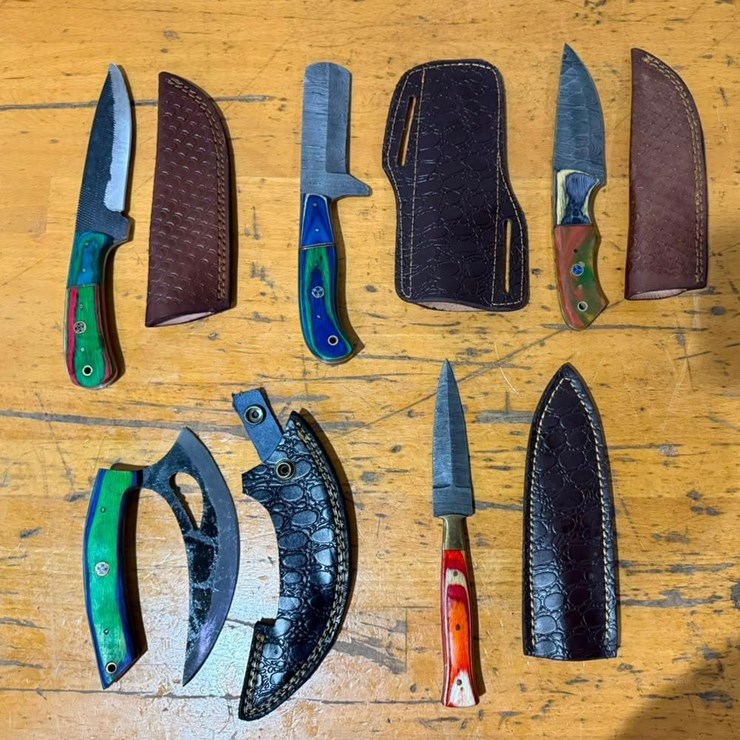 QTY (5) Handmade Hunting & Utility Knives w/ Leather Sheaths Assorted Fixed Blade Set