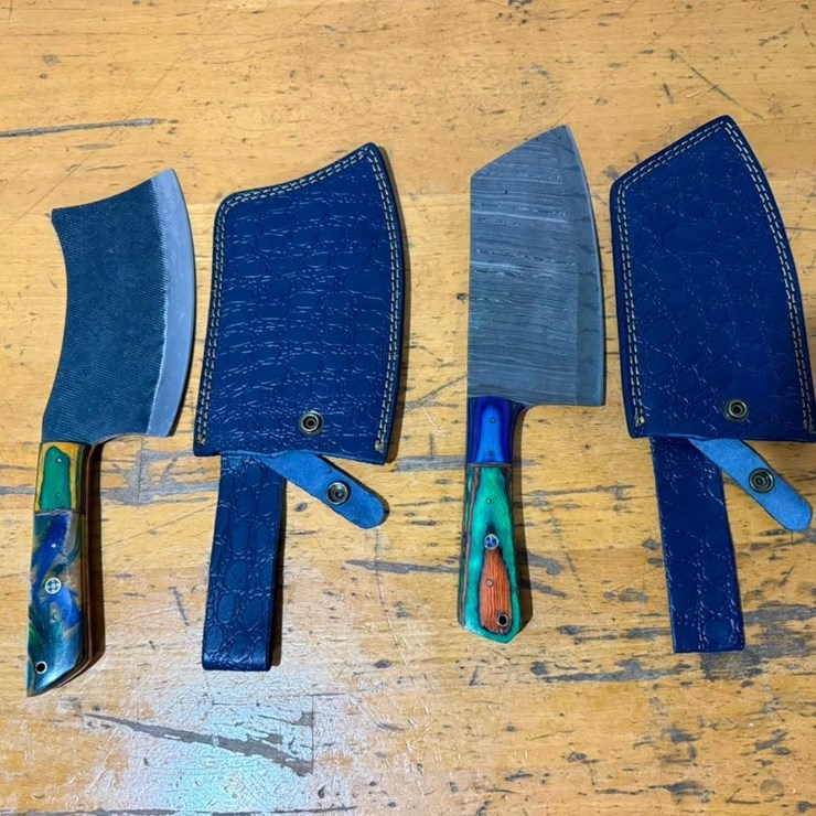 QTY (2) Handmade Cleaver-Style Fixed Blade Knives w/ Leather Sheaths