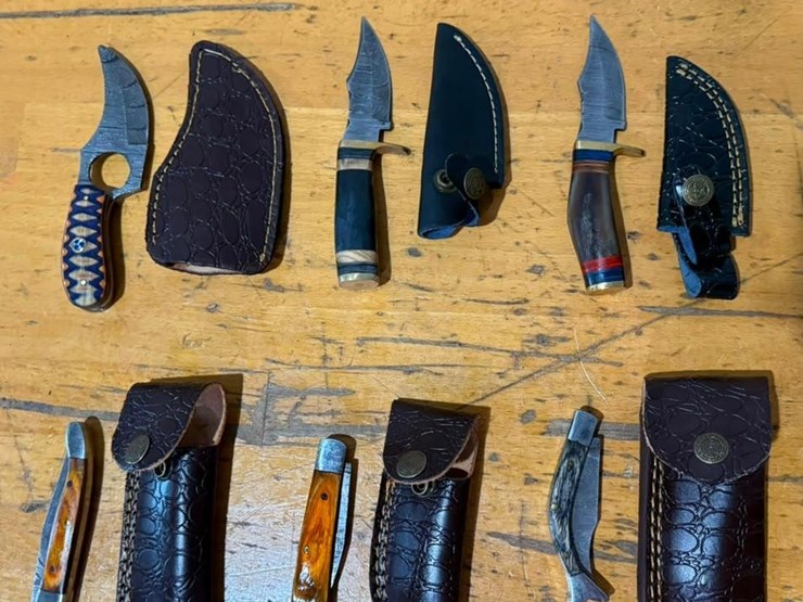 qty-(6)-handmade-hunting,-pocket-&-utility-knives-w/-leather-sheaths-assorted-knife-set-image-1