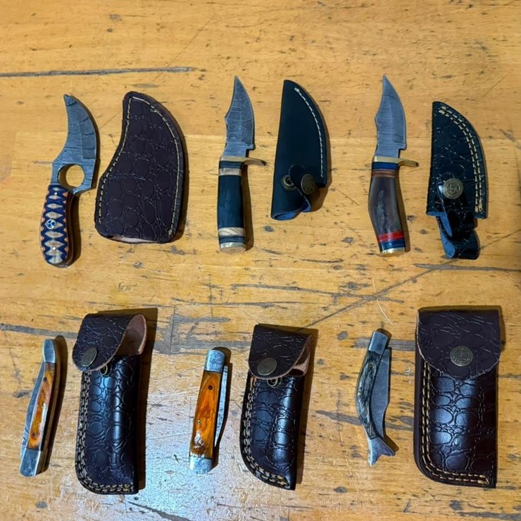 QTY (6) Handmade Hunting, Pocket & Utility Knives w/ Leather Sheaths Assorted Knife Set